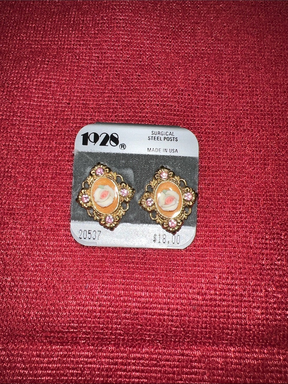 1928 Gold-Tone Porcelain Rose Cameo Earrings with Pink Accents New